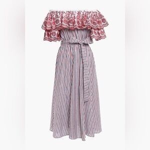 GUL HURGEL Off the Shoulder Ruffled Striped Linen Blend Midi Dress Small NWT